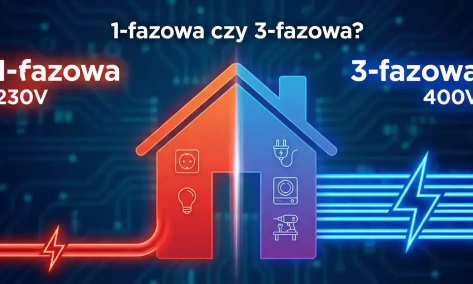 Dom podzielony na dwie części: 1-fazową (230V) z gniazdkiem i żarówką, oraz 3-fazową (400V) z wtyczką, pralką i wiertarką. Wybór faz elektrycznych.