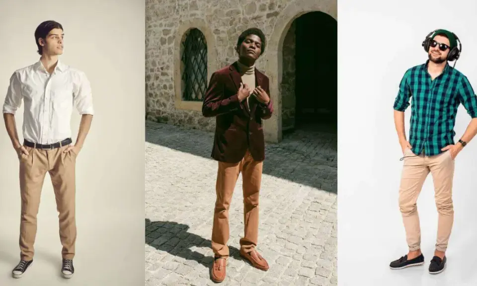 Three men showcase stylish outfits. The first wears a white shirt and camel pants. The second, a burgundy jacket over a tan turtleneck and camel pants. The third, a green plaid shirt and camel pants. These looks demonstrate what colors go with camel.