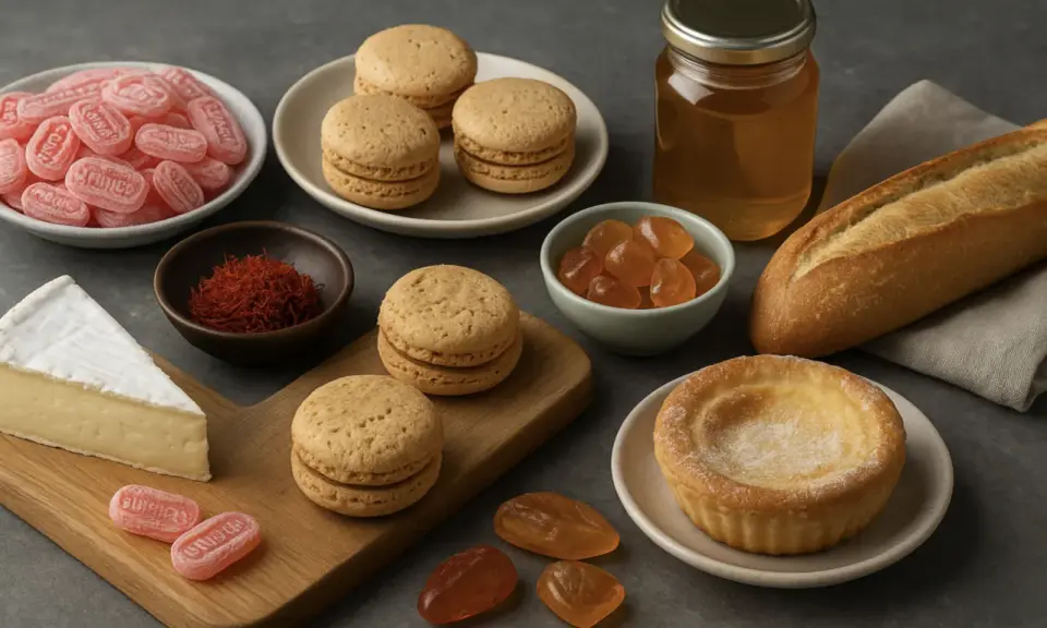 Douceurs et fromages, un aperçu de la spécialité culinaire parisienne : macarons, bonbons, miel, pain, camembert et tartelette.