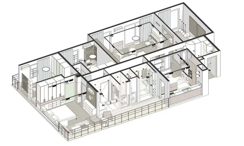 Plan architecte isométrique d'un appartement moderne avec chambre, salon, cuisine, salle de bain et bureau.
