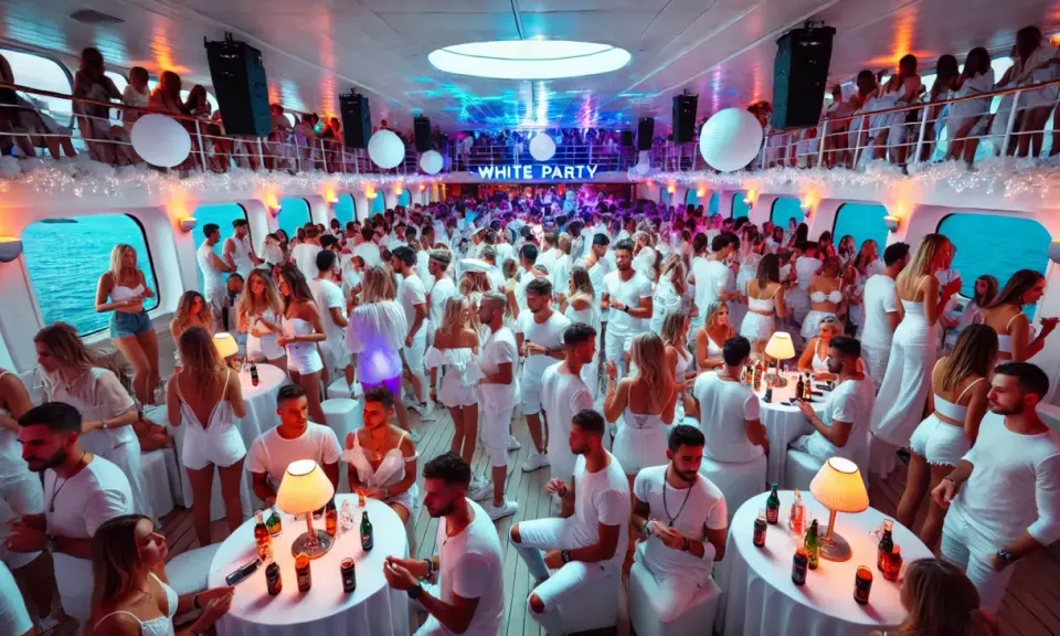 Festa in bianco a bordo della MSC Divina, con centinaia di persone che ballano e si divertono in un'atmosfera vibrante.