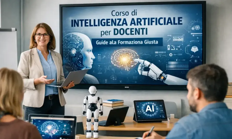 Docente presenta un seminario online sull'intelligenza artificiale per insegnanti, con un robot e schermi che mostrano concetti di AI.