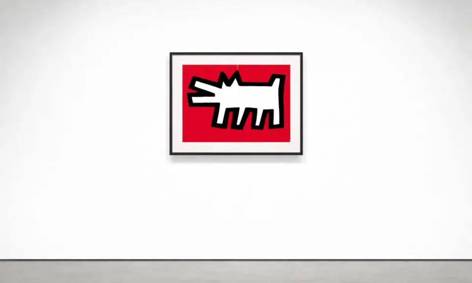 A white, stylized Keith Haring barking dog with black outlines on a vibrant red background, framed in black.