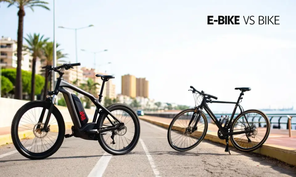 Porównanie wagi roweru elektrycznego i zwykłego roweru. E-bike jest masywniejszy, z widocznym akumulatorem.