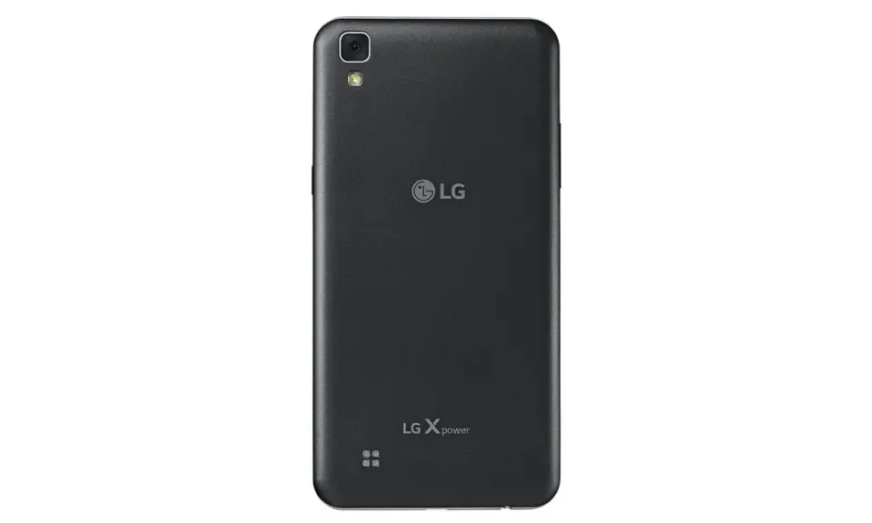 Tył czarnego telefonu LG X power 3 z aparatem i logo LG.