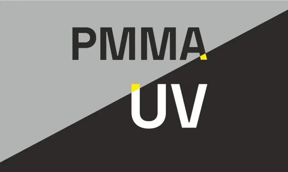 PMMA UV – co to jest? Prosty tekst na tle dzielonym na szaro-czarne.