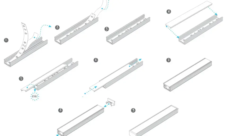 Instrukcja montażu taśmy LED w listwie aluminiowej. Krok po kroku pokazano, jak umieścić taśmę, zamknąć profil i dodać zaślepki.