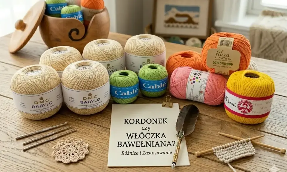 Różne rodzaje włókien: bawełniane kordonki i włóczki w pastelowych kolorach, przybory do szydełkowania i druty.
