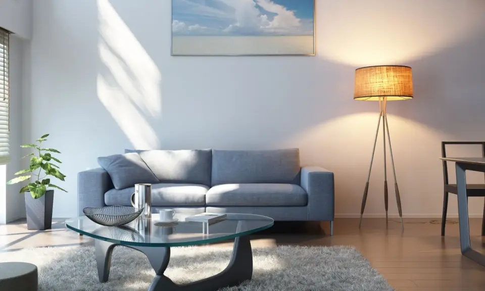 Sofá gris oscuro, mesa de cristal, alfombra mullida y lámpara de pie. Un espacio acogedor para relajarse.