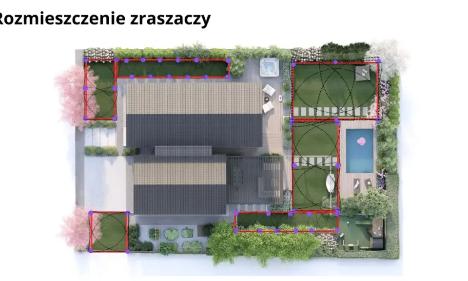 Wizualizacja rozmieszczenia zraszaczy na planie ogrodu z zaznaczonymi obszarami i zasięgami.