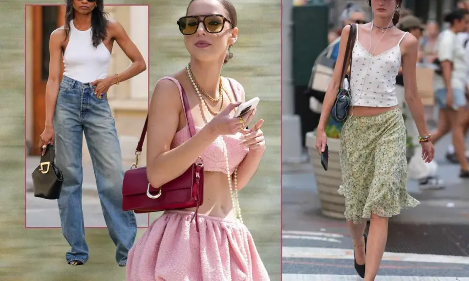 Three women showcase y2k era fashion: one in baggy jeans and a white tank, another in a pink tweed set, and a third in a floral skirt and cherry-print top.