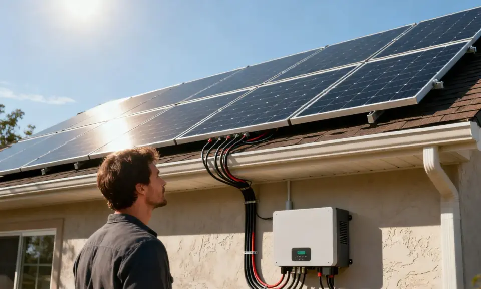 Un homme regarde des panneaux solaires sur un toit. Un onduleur est fixé au mur, gérant l'énergie grâce à la technologie MPPT pour une efficacité maximale.