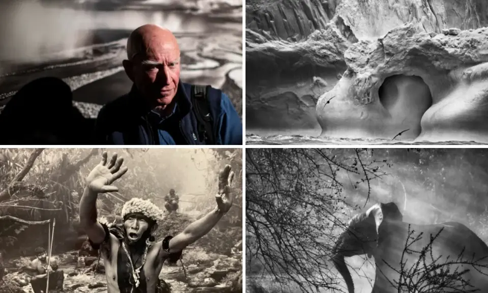 Ritratti e paesaggi in bianco e nero di Sebastiao Salgado: un uomo, rocce scolpite, un indigeno e un elefante.