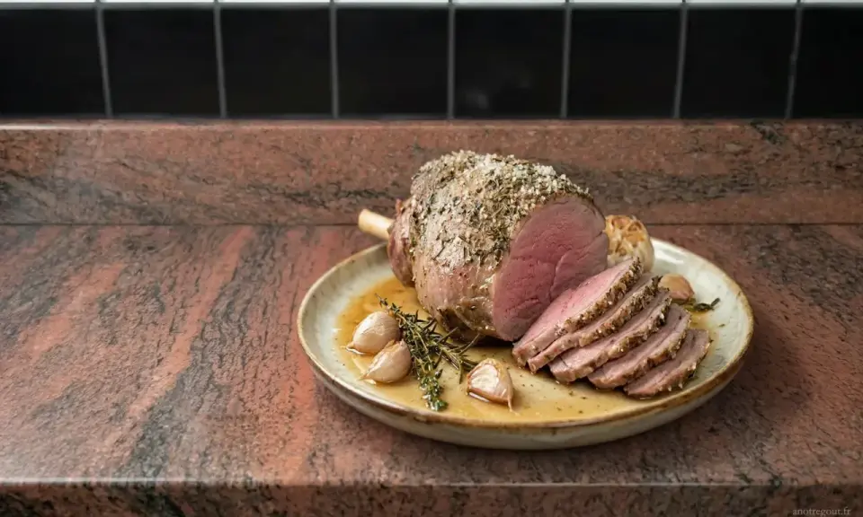 Un délicieux roti d'agneau au four, tranché et servi avec de l'ail rôti et des herbes sur une assiette.