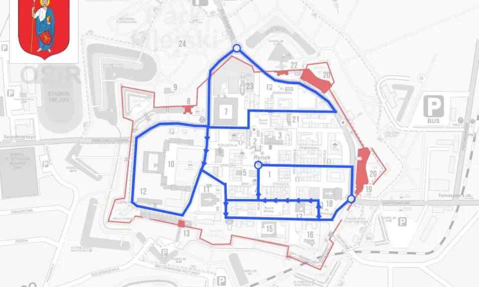 Mapa Zamościa z zaznaczoną trasą turystyczną. Zobacz zamość atrakcje, od Rynku Solnego po Bastion VII.