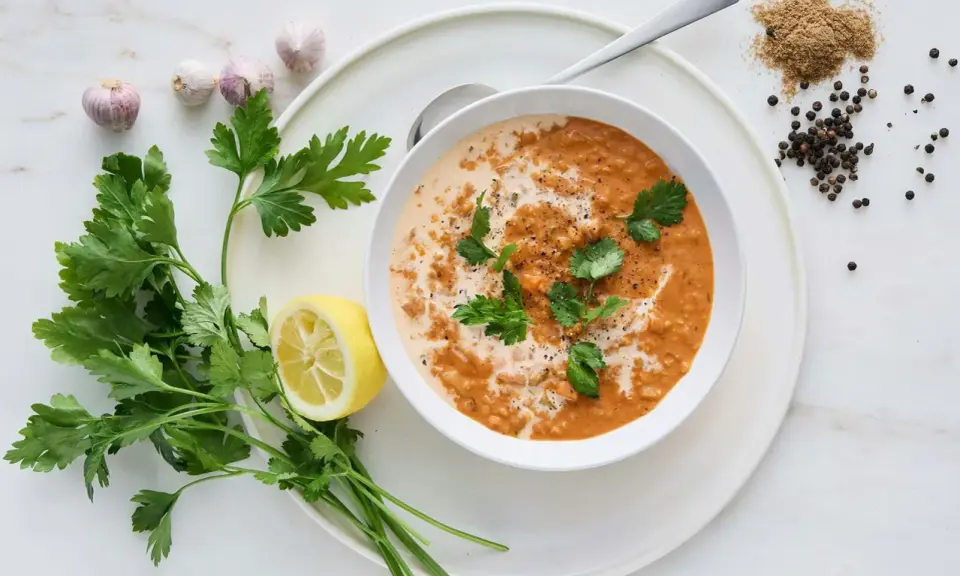 En krämig linssoppa, perfekt för ett snabbt och smakrikt linssoppa recept. Garnerad med färsk persilja, citron och kryddor.