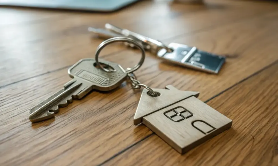 Clés avec un porte-clés en forme de maison en bois, symbolisant l'accession à la propriété.