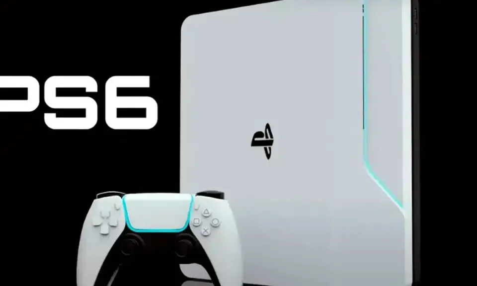 Consola PlayStation 6 blanca con mando y logo de PlayStation.