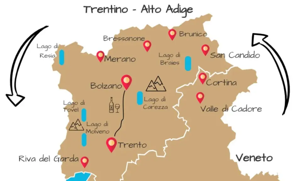 Mappa illustrata del Trentino-Alto Adige con tappe come Lago di Resia, Bolzano, Trento, Cortina. Un itinerario trentino alto adige da scoprire.
