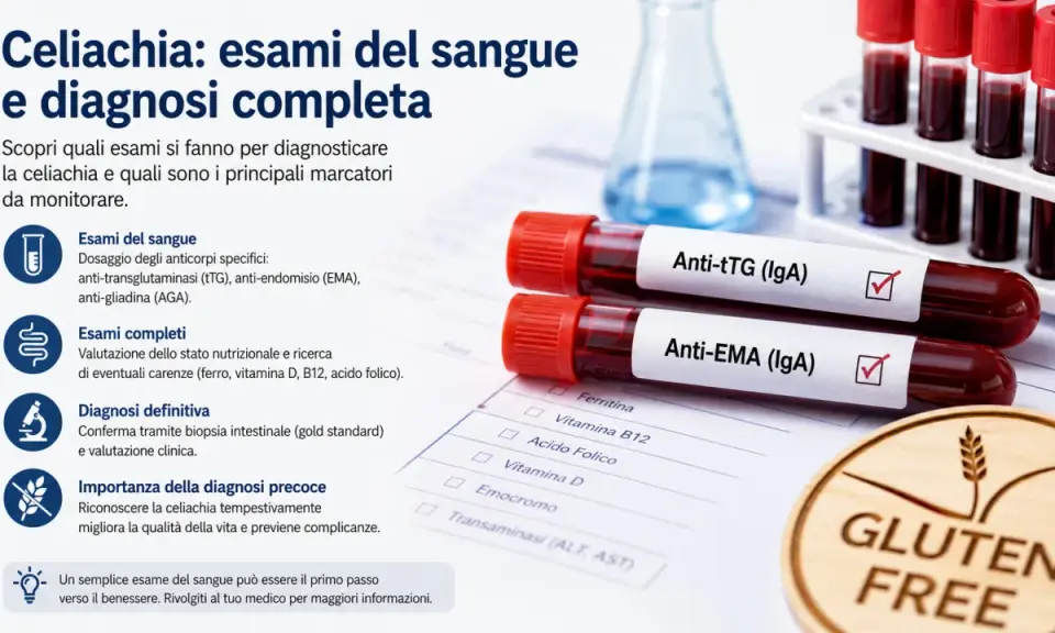 Esami del sangue per la diagnosi celiachia: provette con Anti-tTG e Anti-EMA, foglio con analisi e simbolo Gluten Free.