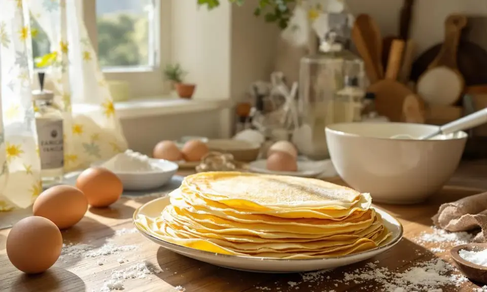 Pile de crêpes dorées saupoudrées de sucre glace, avec des œufs et de la farine sur la table. Une recette de crepe sans oeuf facile à réaliser.
