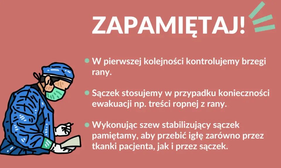 Chirurg w masce i fartuchu przygotowuje się do zabiegu. Pamiętaj o sączku w ranie, gdy ewakuujesz np. treść ropną.
