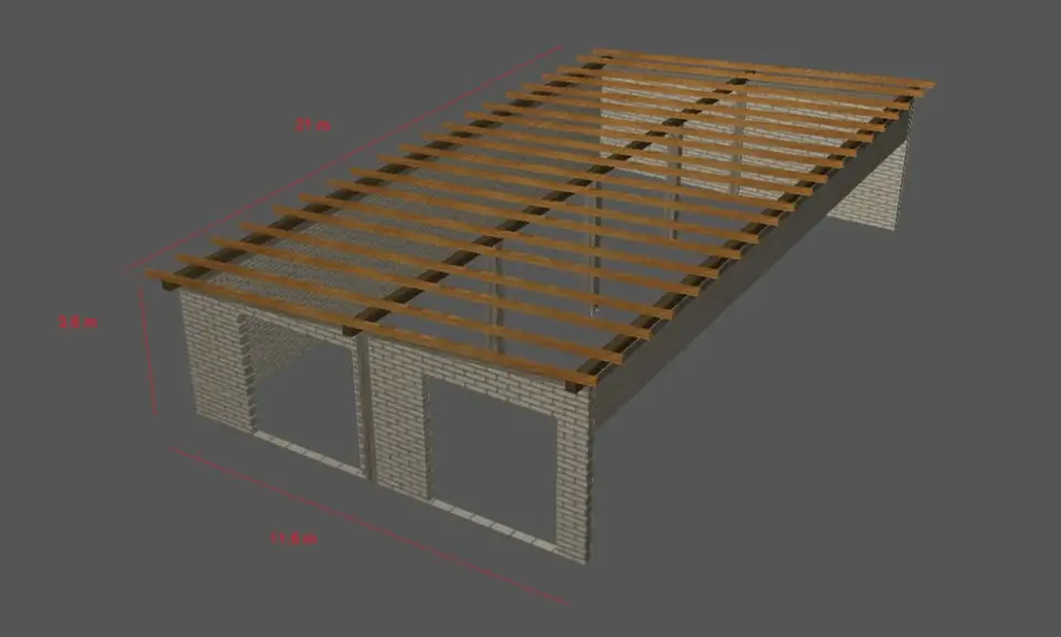 Konstrukcja dachu jednospadowego z widocznymi krokwiami co ok. 1 metr. Wymiary: 21m x 3.6m x 11.6m.