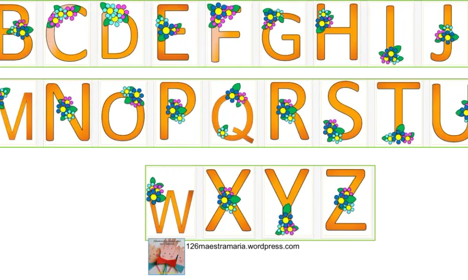 Lettere da stampare per striscioni, con fiori colorati che decorano ogni lettera dell'alfabeto.