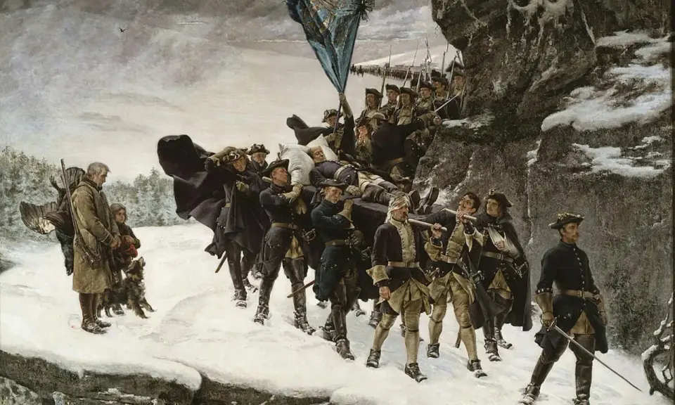 Soldater bär en död kung över snöig mark. En scen som påminner om Sverige Danmark krig.