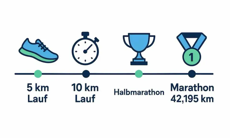 Laufziele: 5 km, 10 km, Halbmarathon, Marathon (42,195 km). Icons zeigen Fortschritt im Marathon Training.