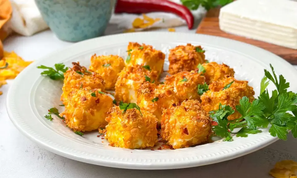Knusprig panierte Feta-Würfel, im Airfryer zubereitet, garniert mit Petersilie. Ein köstlicher Snack!