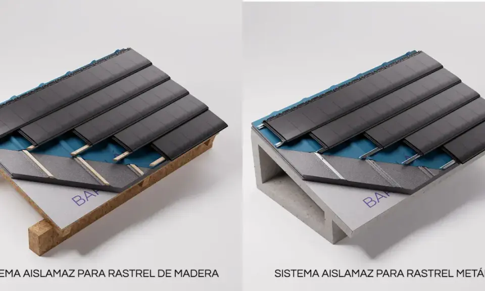 Detalle de cubiertas prefabricadas con sistema aislante sobre rastrel de madera y metálico.