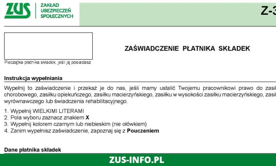 Zaświadczenie Z-3 ZUS dla pracodawcy, instrukcja wypełniania.