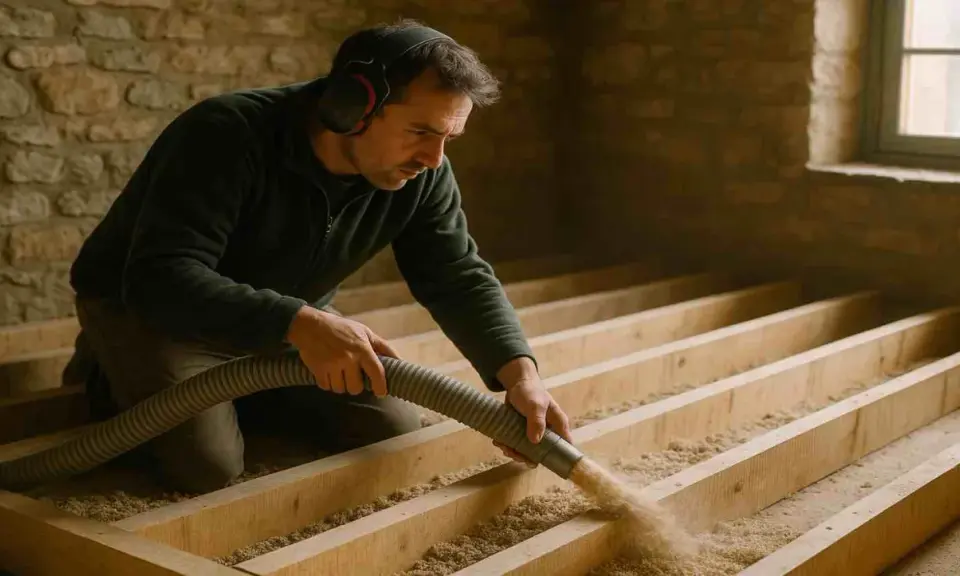 Pose d'isolation chanvre : prix m2. Un homme installe un isolant naturel dans une structure en bois.