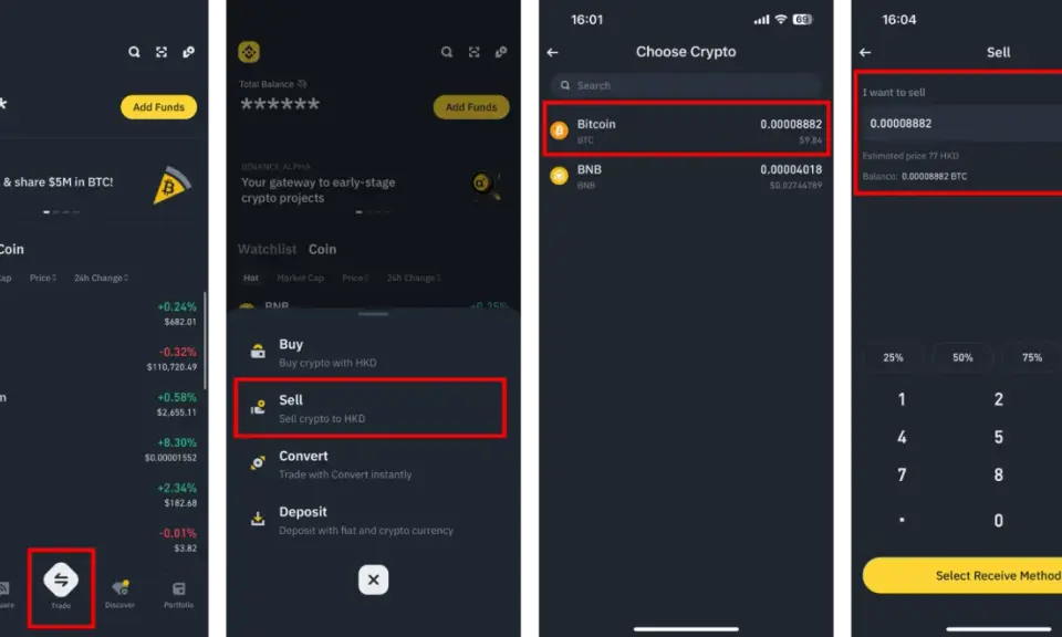 Jak sprzedawać kryptowaluty: aplikacja pokazuje kroki do sprzedaży Bitcoina. Wybierz "Sell", wpisz kwotę i metodę odbioru.