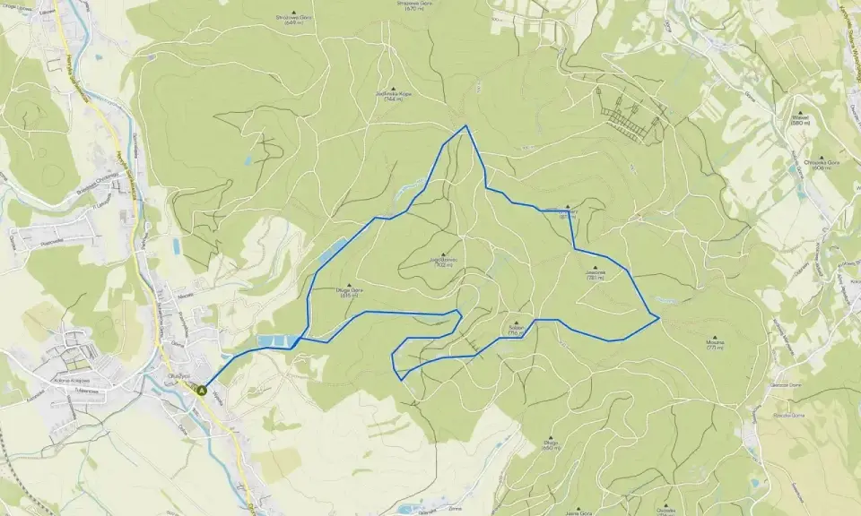 Mapa szlaków turystycznych Gór Sowich z zaznaczoną trasą.