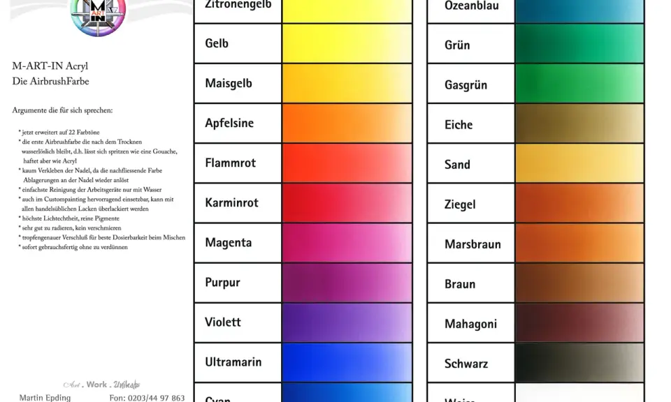 Farbpalette M-ART-IN Acryl: Zitronengelb bis Cyan, Ozeanblau bis Weiß. Hochwertige airbrush acrylfarbe für Künstler.