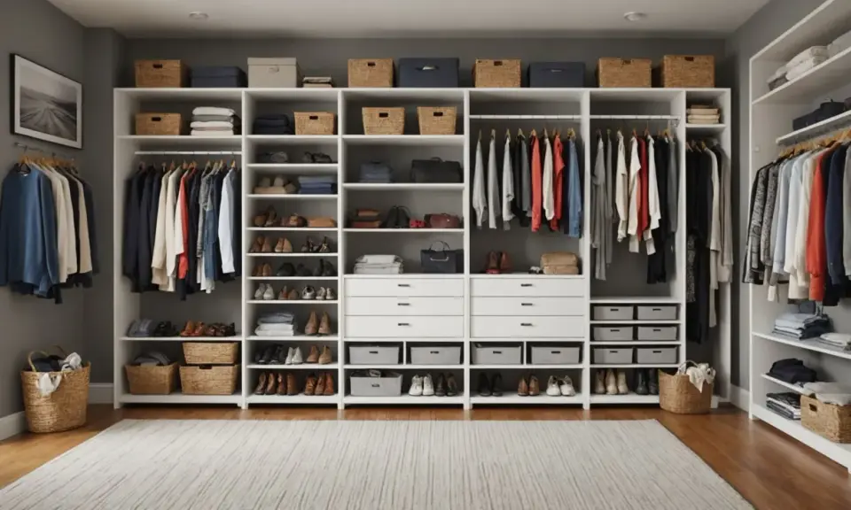 Système de rangement ouvert pour vêtements et chaussures, idéal pour comment ranger ses vêtements sans armoire. Paniers et étagères organisent tout.