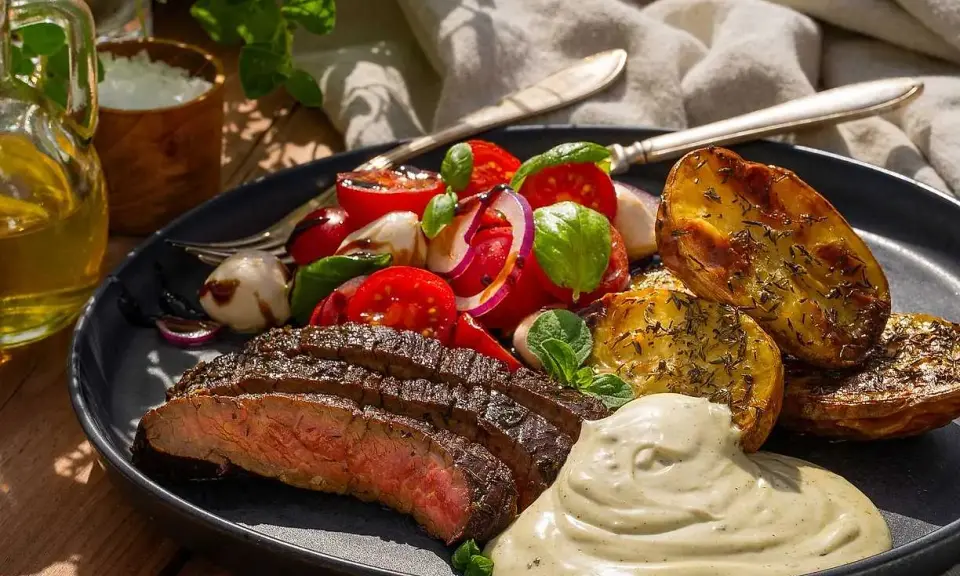 Skivad flapsteak marinad med rostade potatishalvor, tomatsallad och krämig sås.