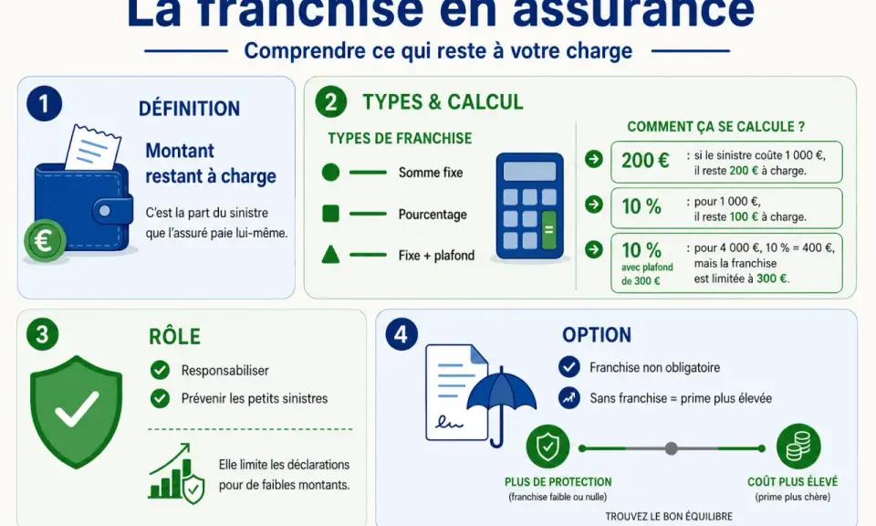 Infographie expliquant la franchise en assurance : définition, types, calculs et rôle. Le **remboursement franchise** est la part du sinistre à la charge de l'assuré.