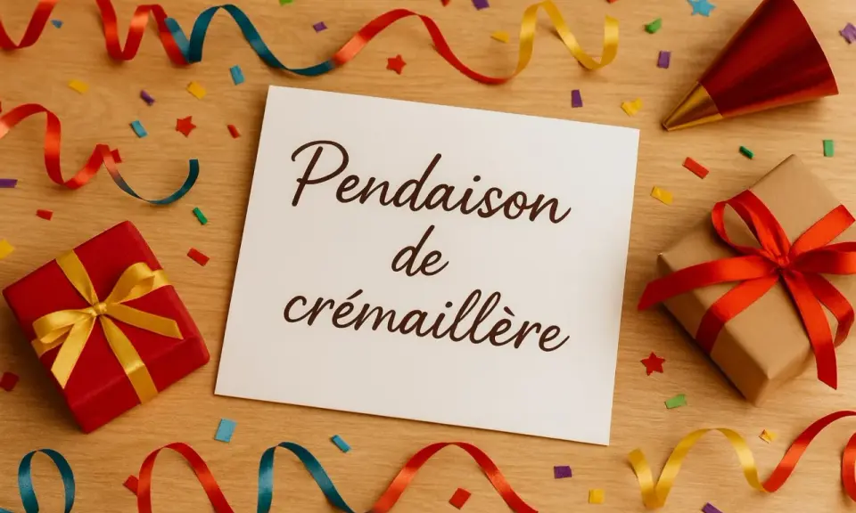 Carte "Pendaison de crémaillère" entourée de cadeaux, confettis et serpentins. Idéal pour organiser une crémaillère festive !