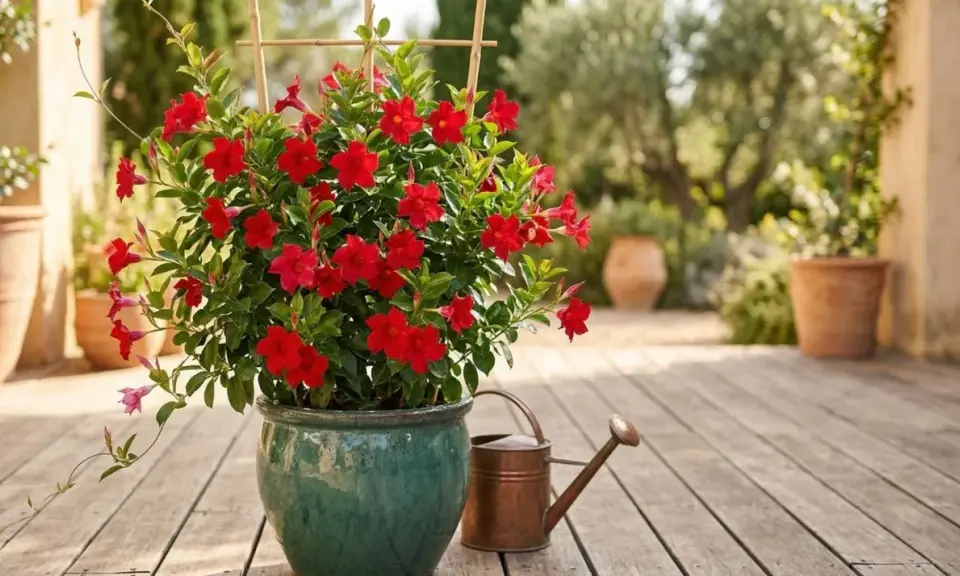 Un dipladenia en jardinière, aux fleurs rouges éclatantes, est prêt à être arrosé dans un décor méditerranéen.