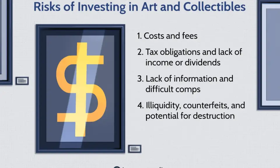 Risks of investing in art, including art investment funds. A dollar sign in a frame highlights costs, taxes, and illiquidity.