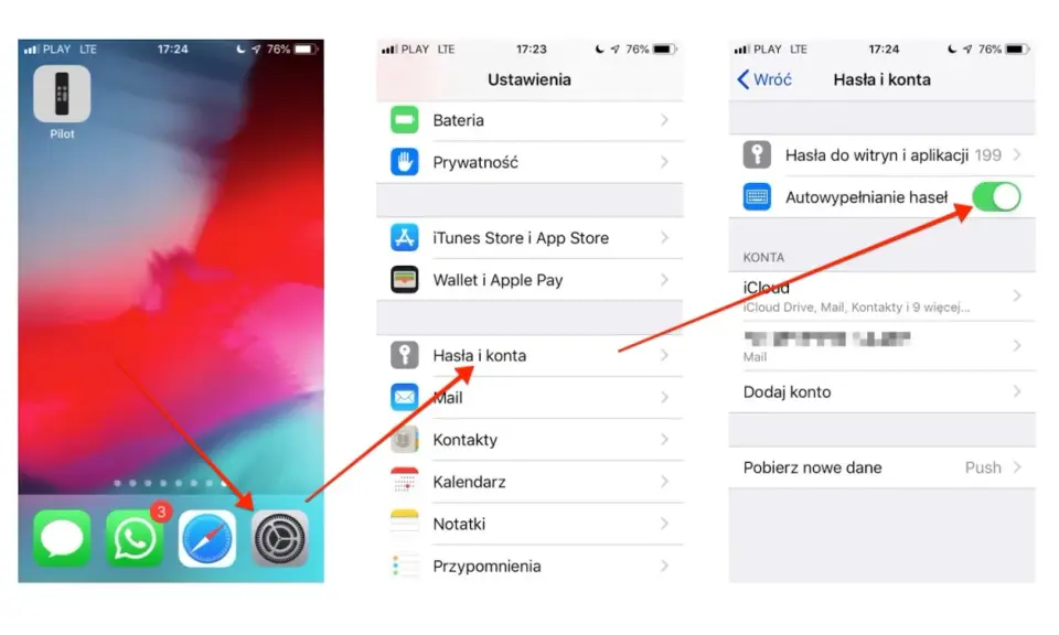 Ekran iPhone z ustawieniami, gdzie widać opcję "Hasła i konta" oraz włączone "Autouzupełnianie haseł".