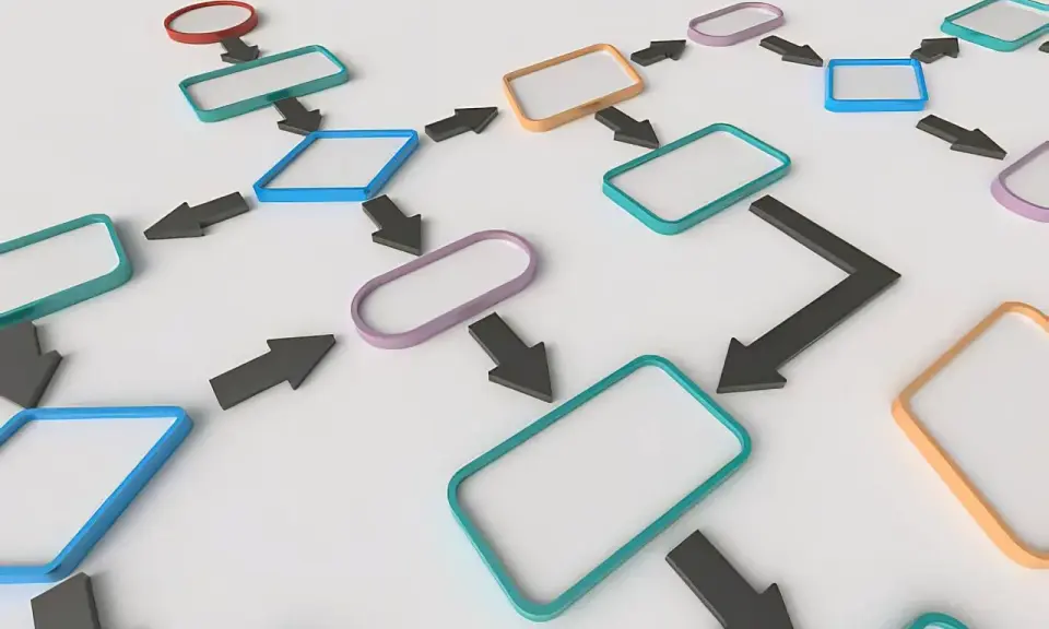 Een **advance organizer** in de vorm van een stroomdiagram met gekleurde vakken en pijlen, die een proces of idee visualiseert.
