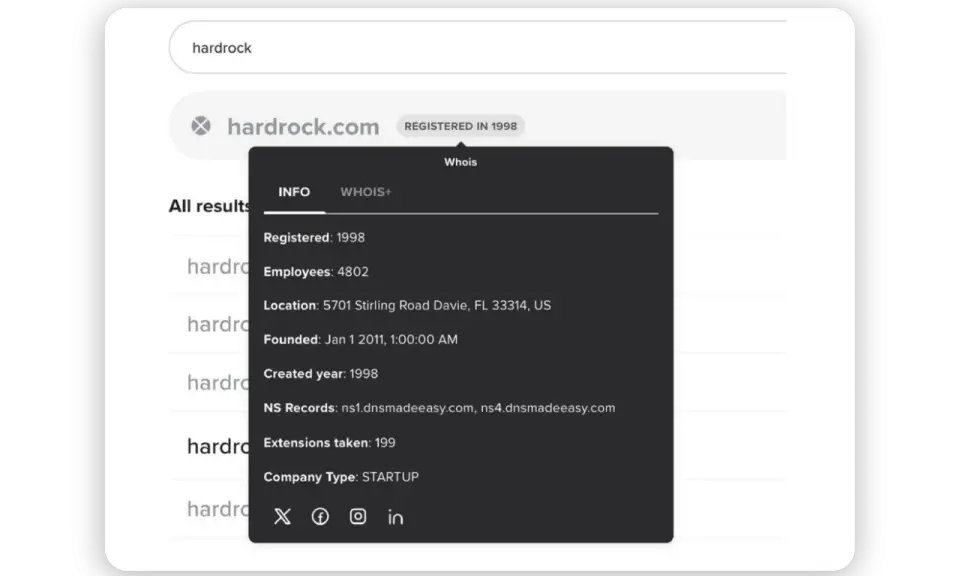 Wyniki wyszukiwania domeny hardrock.com z informacjami WHOIS, w tym datą rejestracji 1998.