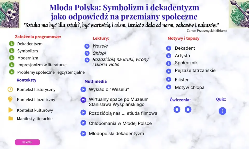 Młoda Polska: Symbolizm i dekadentyzm jako odpowiedź na przemiany społeczne. Strona zawiera program, lektury, multimedia i motywy epoki.