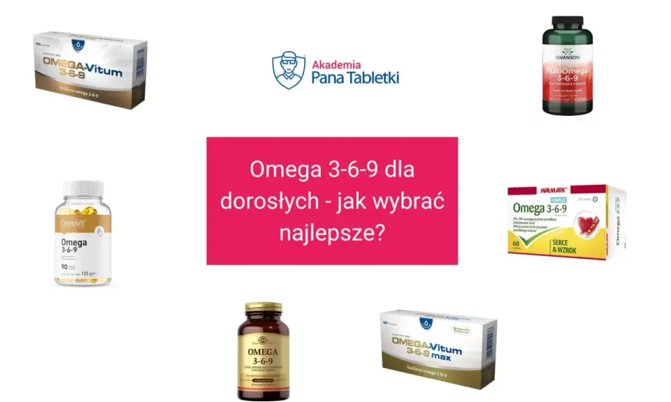 Różne suplementy diety z kwasami omega 3-6-9, w tym OMEGA-Vitum, OstroVit, Swanson i Walmark.