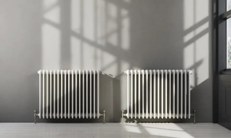 Deux radiateurs blancs classiques, parfaits pour reconnaître un radiateur haute température, projettent des ombres sur un mur gris.