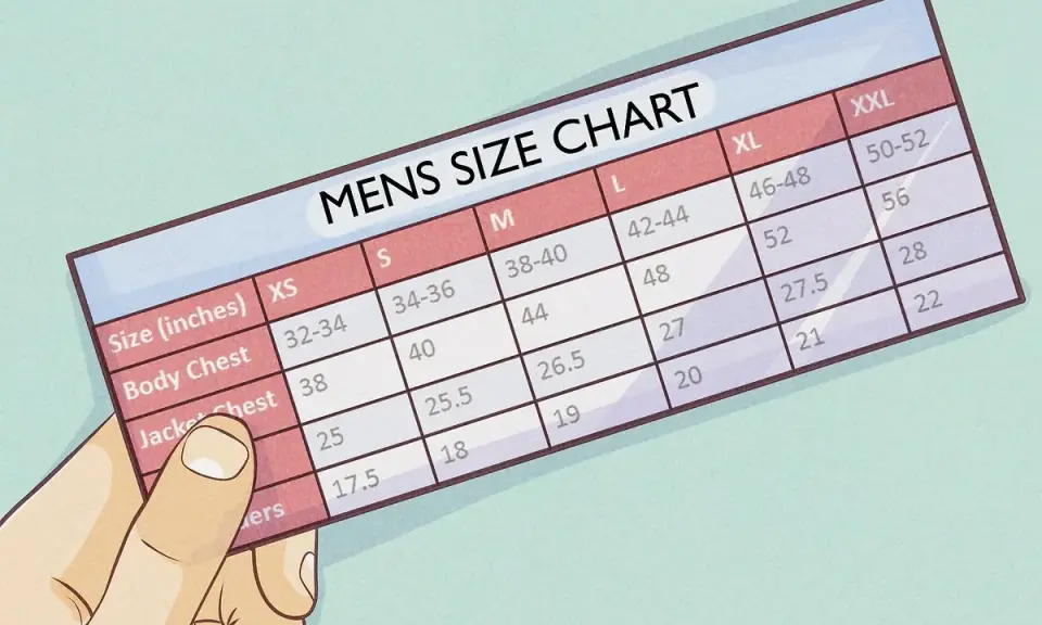 A hand holds a men's size chart, showing measurements for body chest and jacket chest, with a column for overarm measurement.